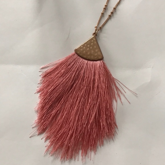 Coral Color Long Fringe Pendant Necklace - Picture 2 of 6